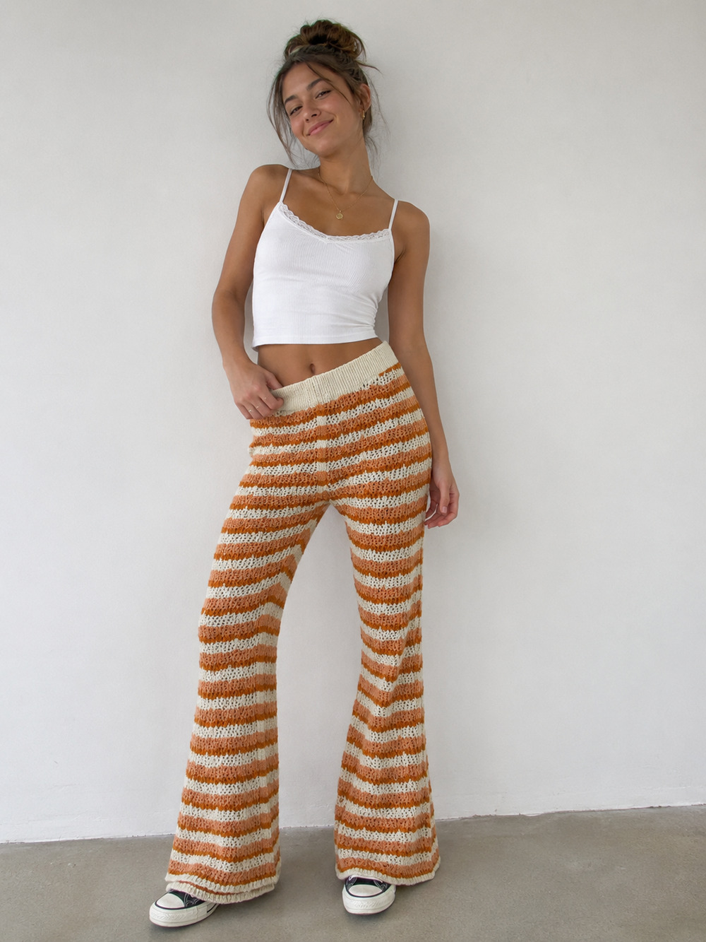 Womens Stradivarius Crochet Orange Striped Pants Cute Boho Hippie Y2K XS